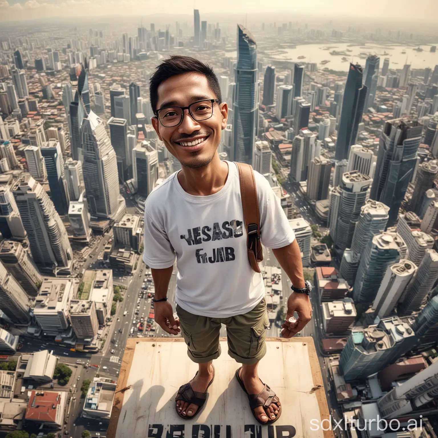 Create a caricature 4D hyperrealistic of an Indonesian man aged 35yo, clean face, wearing white clothes, cargo pants, flip-flops, standing at the top of the tallest building while holding the camera man's hand. Next to it there is a board with the text 'PLEASE HELP'. Beautiful city background, shot from above, fish eye lens