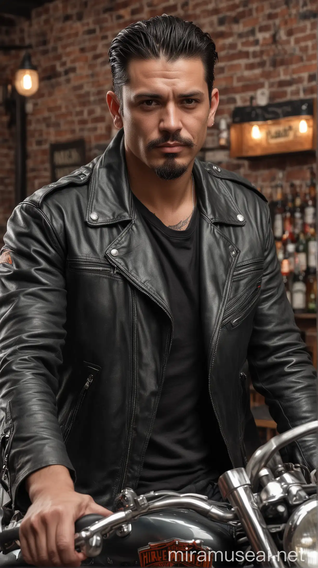 Handsome Gangster on Harley Davidson Motorcycle in Bar Setting