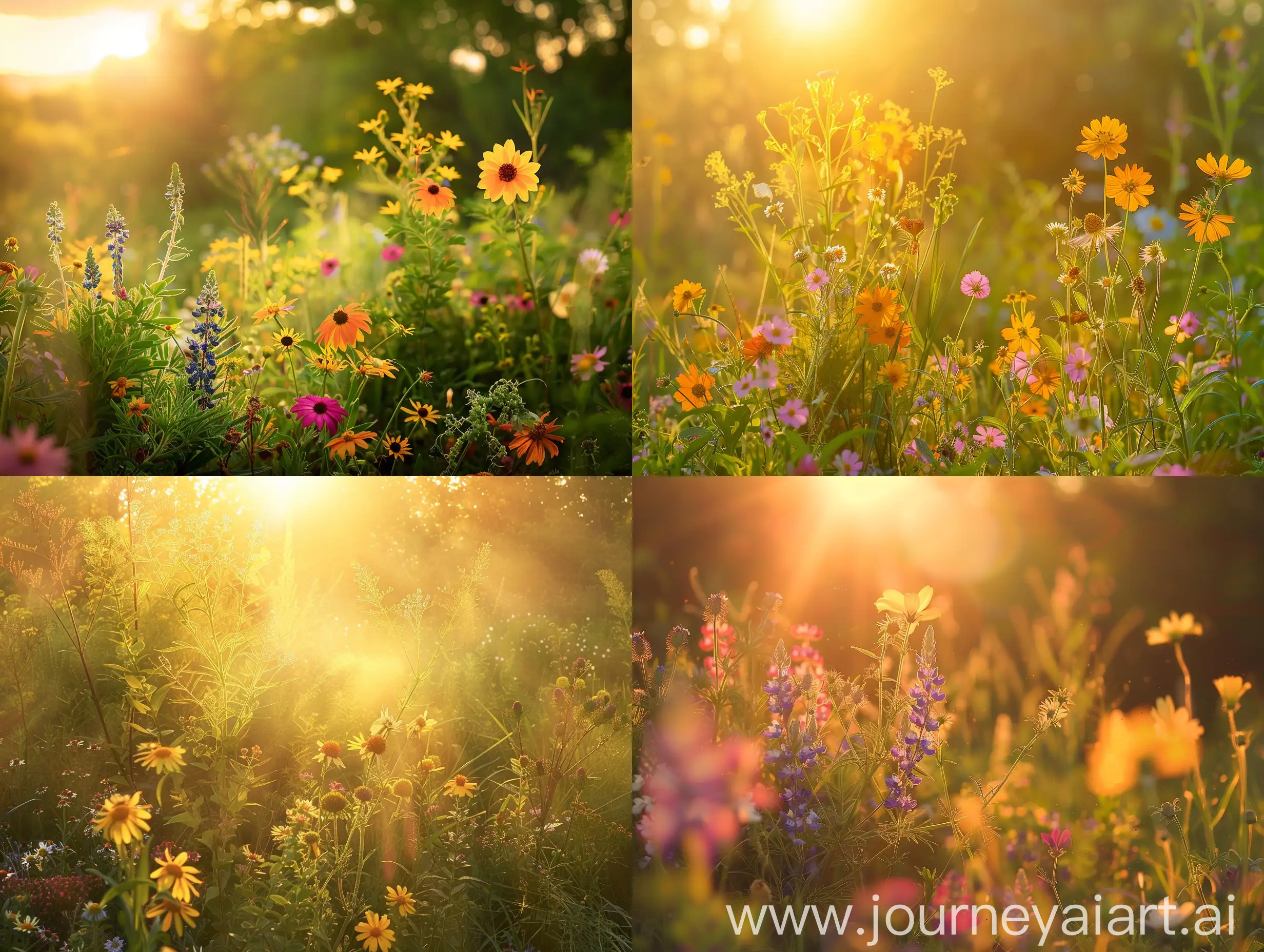 High detailed photo capturing a Wildflowers, Perennial Mix. The sun, casting a warm, golden glow, bathes the scene in a serene ambiance, illuminating the intricate details of each element. The composition centers on a Wildflowers, Perennial Mix. Pollinator friendly mix that includes a diversity of flowering plants that produce pollen and nectar for different pollinators with different colors, scents and flower forms. The availability of food for pollinators is important from early spring to late. The image evokes a sense of tranquility and natural beauty, inviting viewers to immerse themselves in the splendor of the landscape. --ar 16:9 