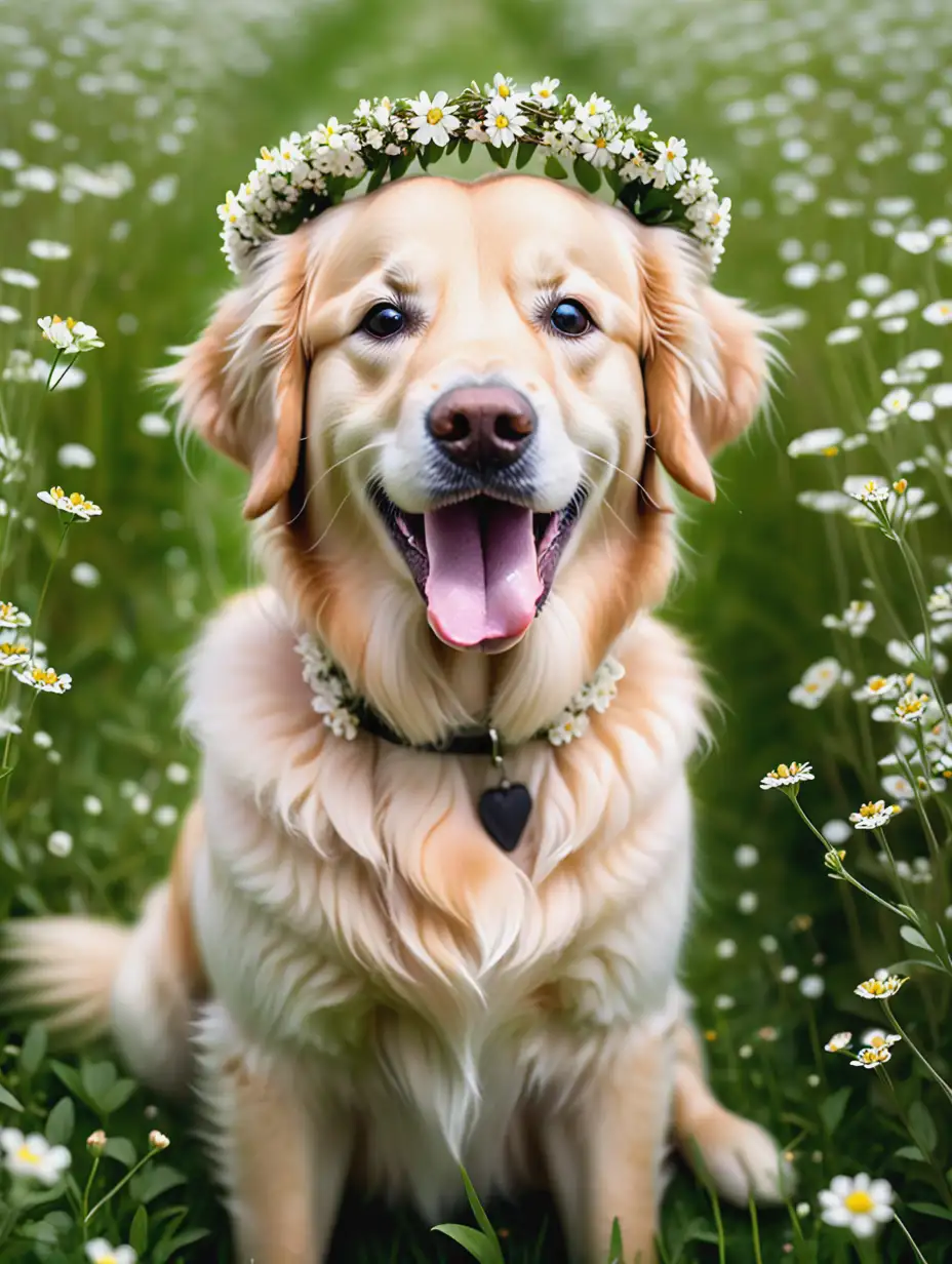 Golden retriever sitting in green field Filled with tiny white wildflowers, the dog wore a wreath of white and pale pink flowers on its head. And it will stare directly at the camera with its tongue sticking out. It represents an expression of happiness or satisfaction.