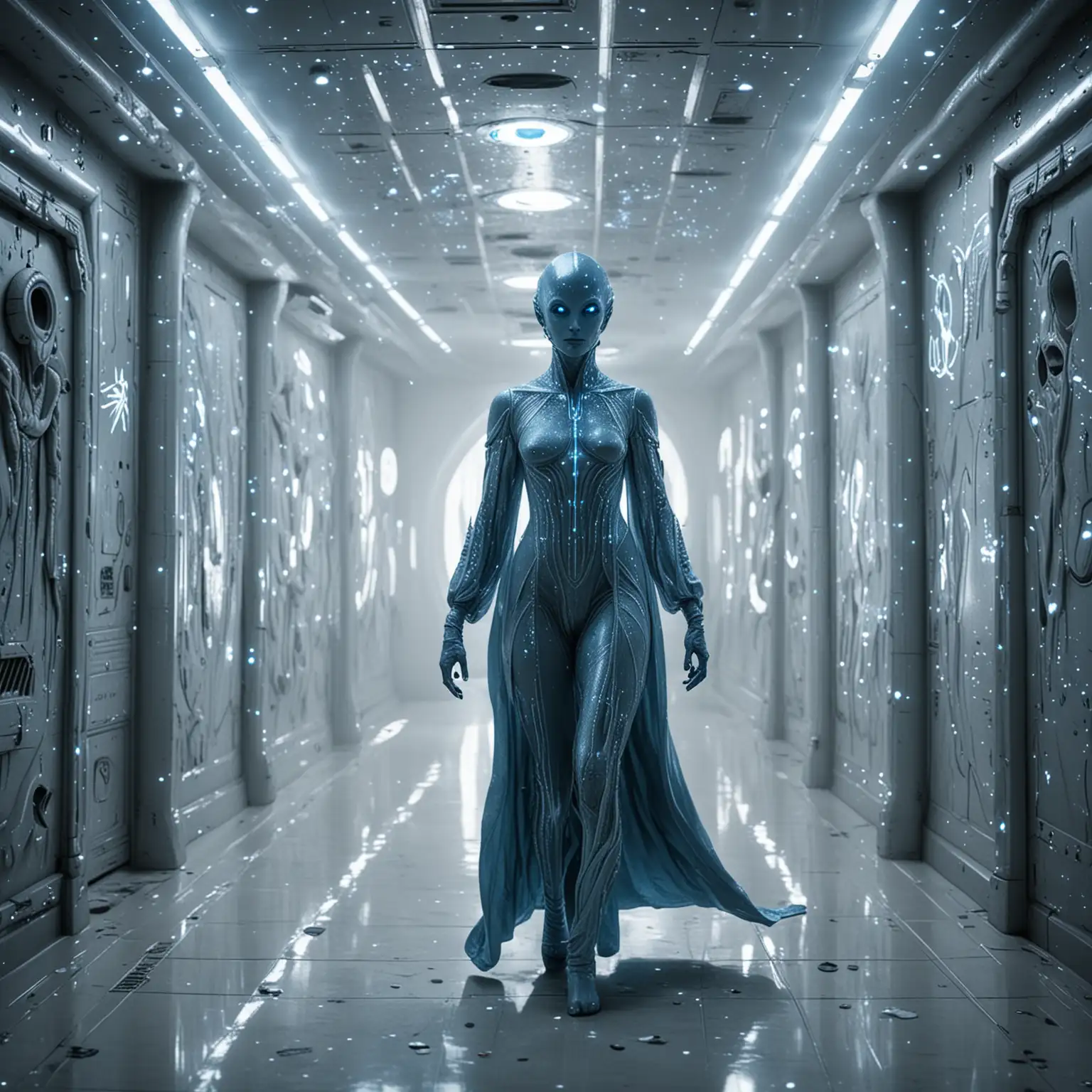 BlueSkinned Alien Queen in Galactic Corridor with White Lights and Portal