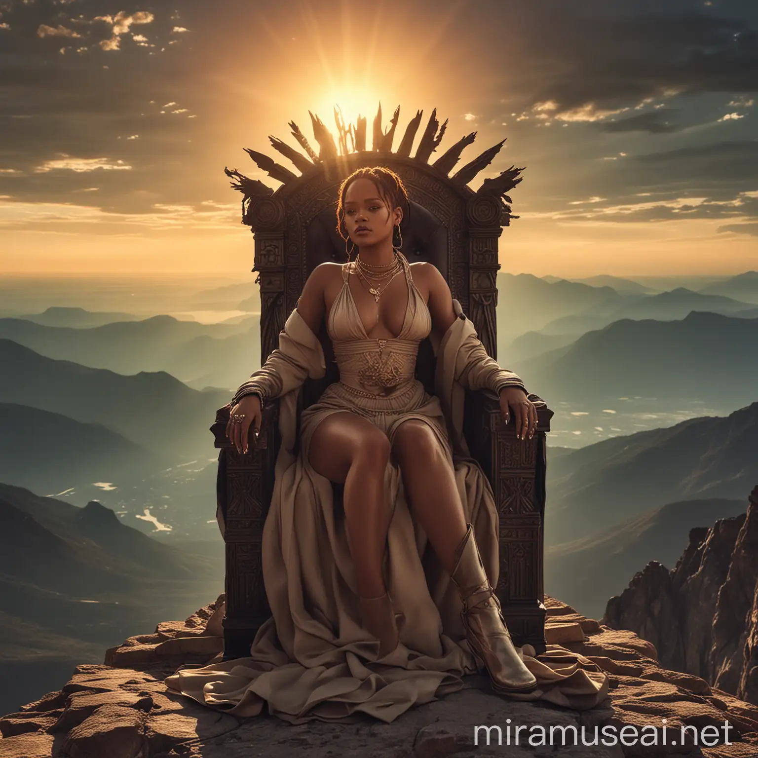 Rihanna on top of a mountain on a throne with the sun behind her
