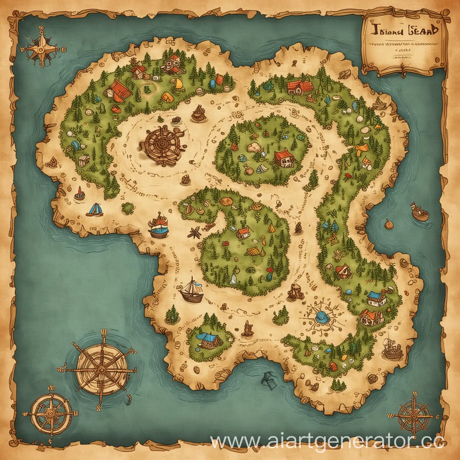 сгенерируй остров вокруг моря - картинка должна быть нарисована, похожая на карту сокровищ, как в играх. 