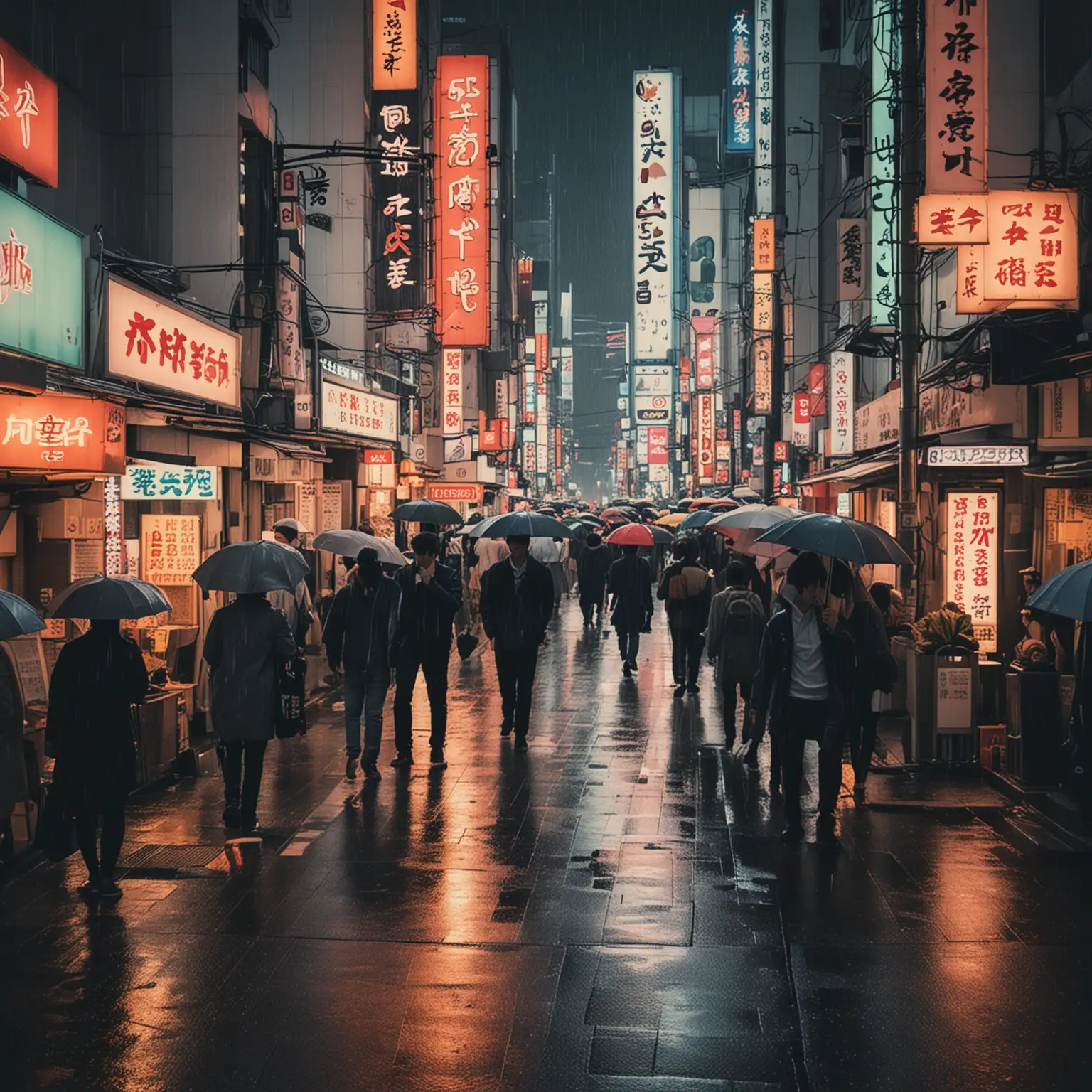 a busy Tokyo street with neon signs and many people with rain and traffic
