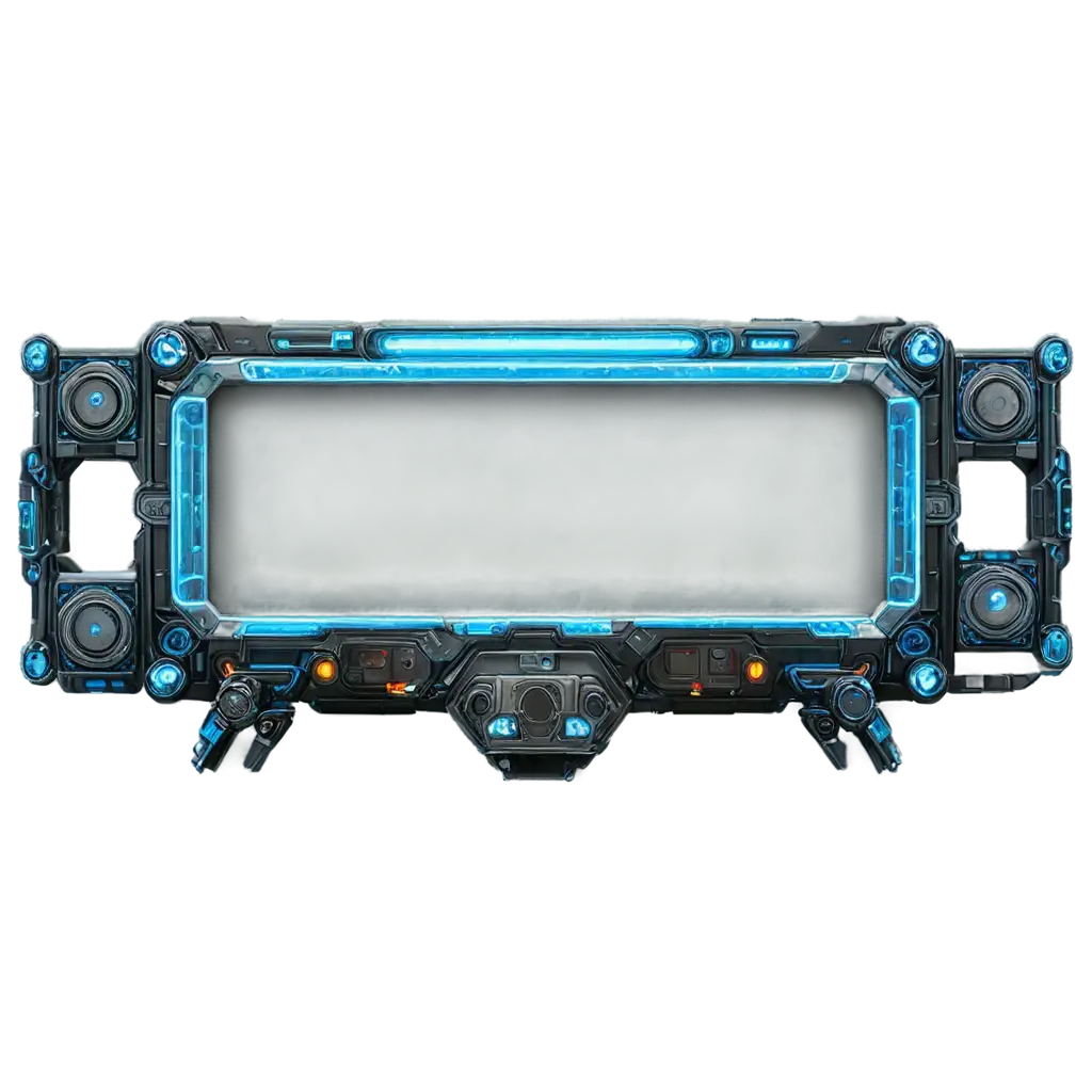 Create a rectangular resizable UI frame tailored for an RPG game set in a hi-tech, robotic world. Infuse the design with futuristic elements reminiscent of advanced machinery and robotics, including sleek metallic textures, glowing circuitry, and intricate mechanical details. Ensure the frame maintains a dynamic appearance while allowing for vertical and horizontal resizing, enhancing both usability and immersion within the game interface.