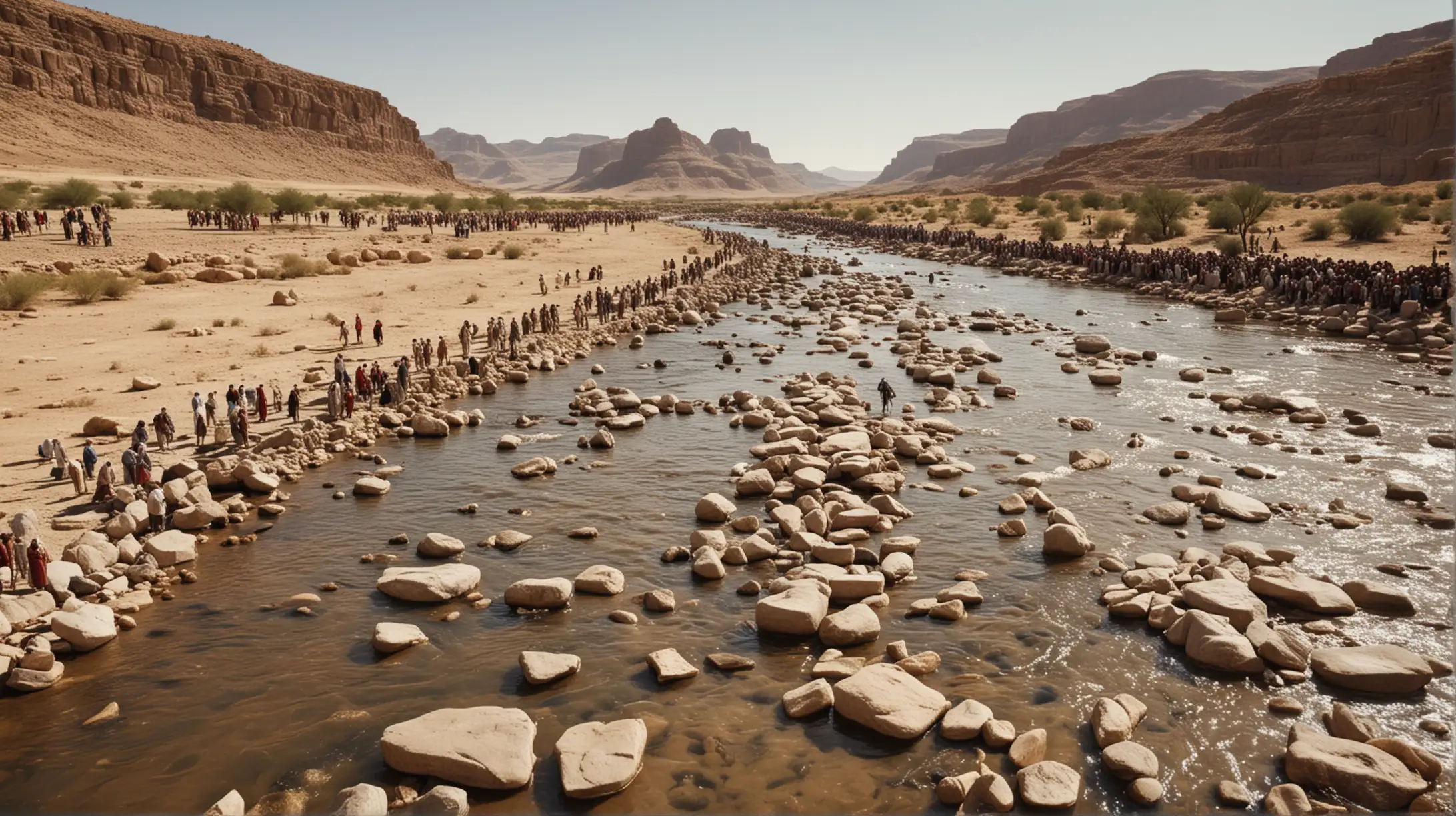 Moses Leading Crowd across Desert Riverbed with Large Stones