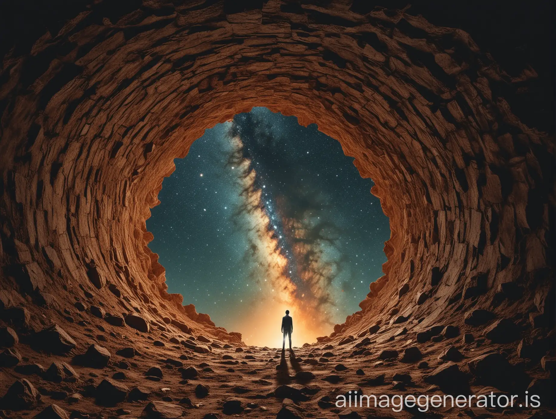 Create an image of a person standing on flat ground, gazing upwards towards the sky, where a large hole is patched with a single stone, emitting a mesmerizing glow