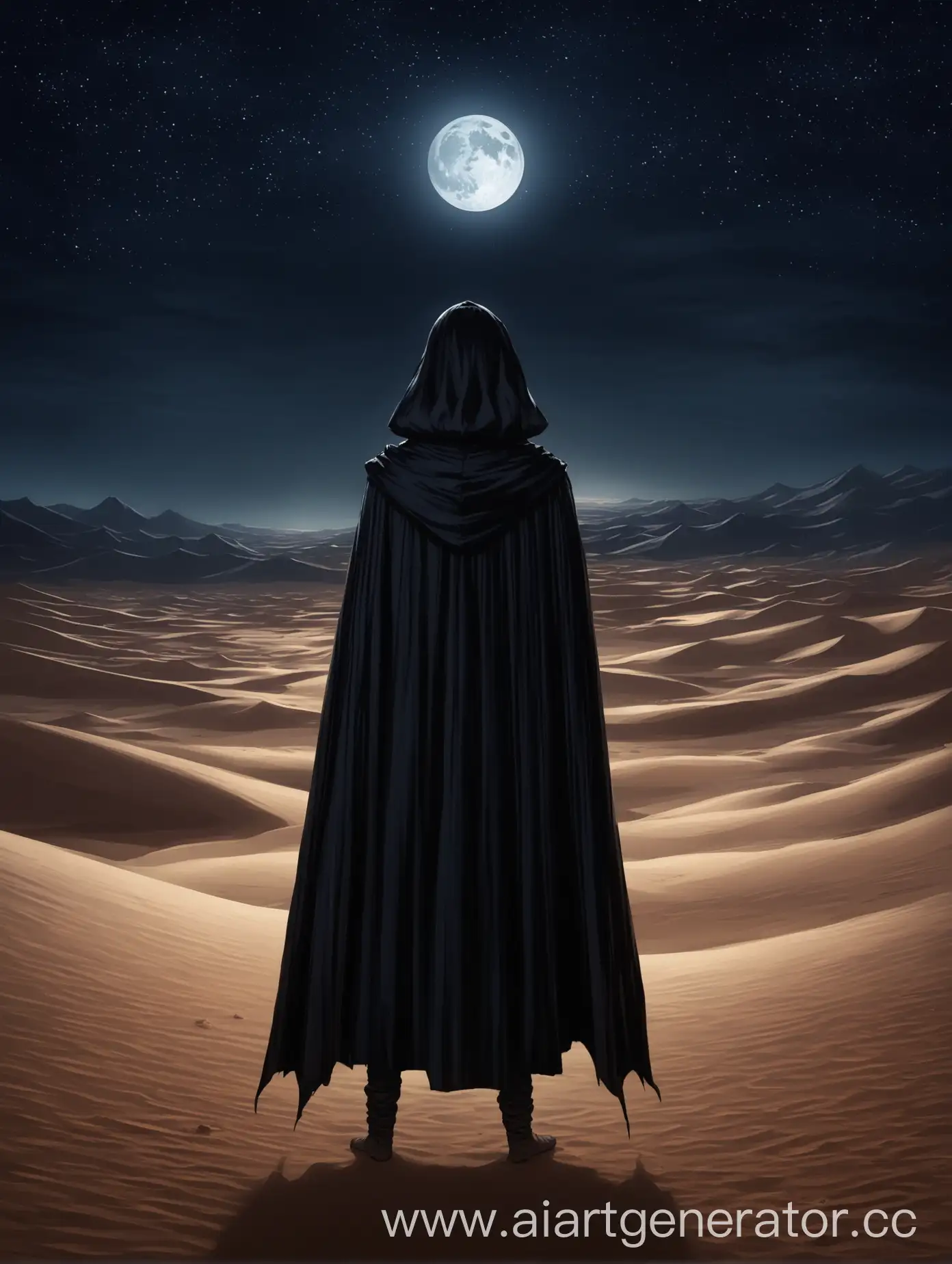 Boy-in-Dark-Cloak-Standing-in-Desert-Night