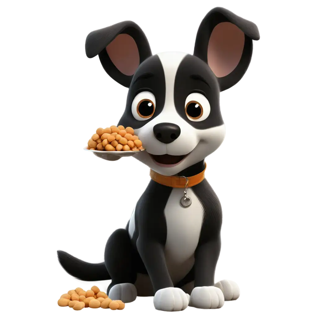 animated black and white puppy enjoys eating peanuts