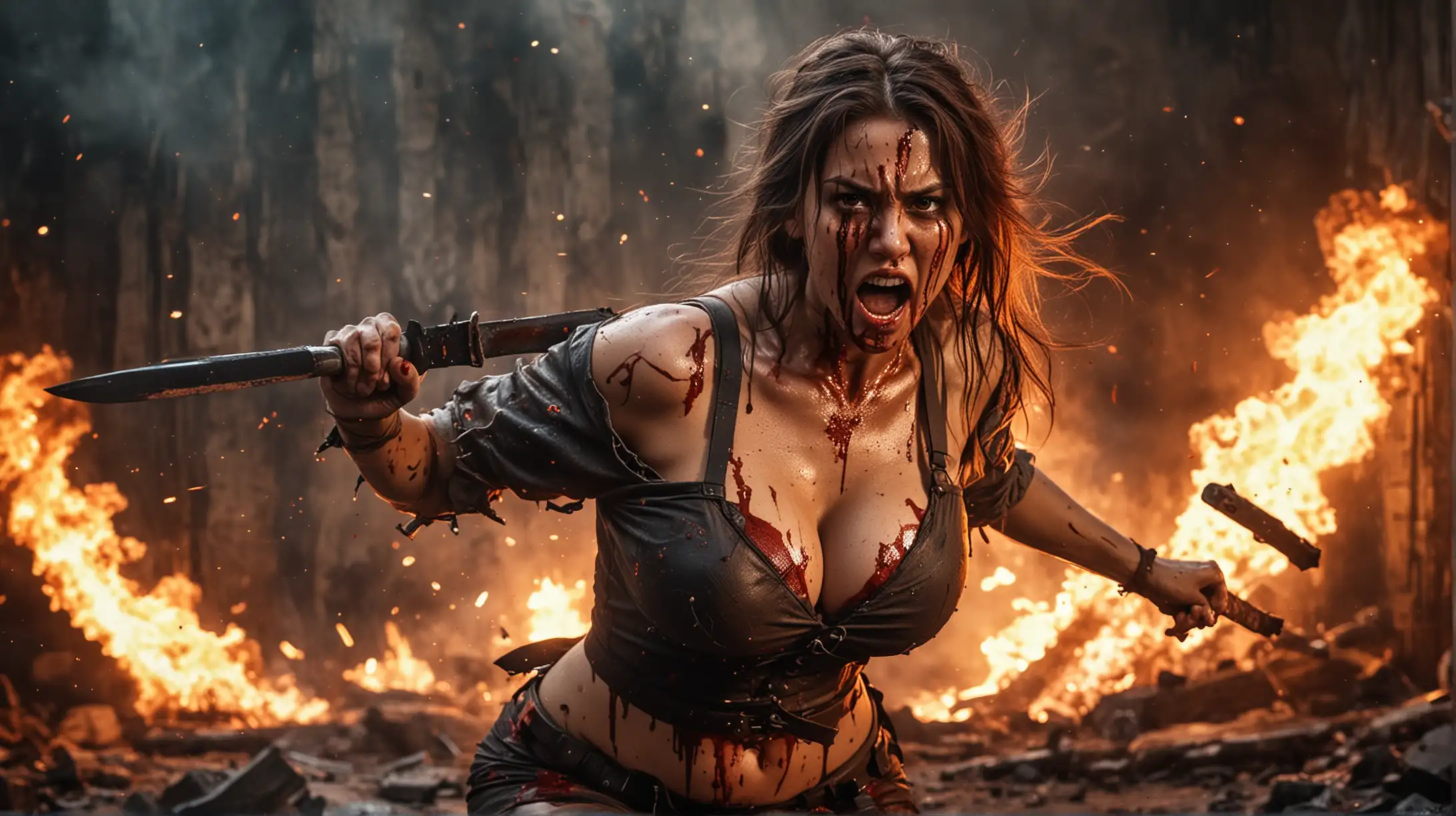 Sexy big tits bloody woman Expression on the face when she swings her blade. 

Battle war background with fire and explosion 