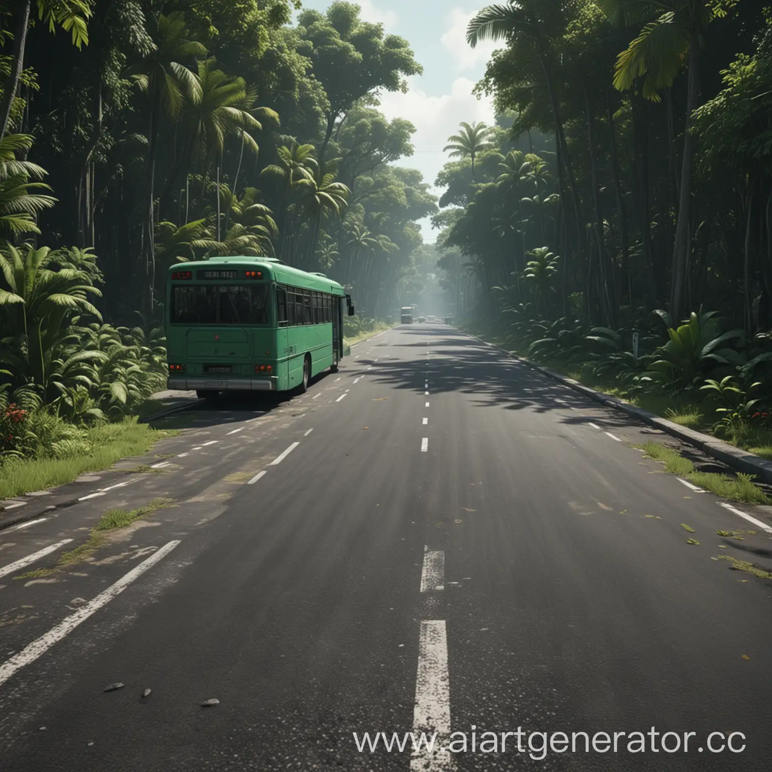 Зеленый раскидистый тропический лес, внизу кадра проходит дорога из асфальта, на дороге стоит автобус повернутый боком и кабина водителя смотрит налево автобус без пассажиров внутри ультра реализм 4к высокое качество четкое изображение