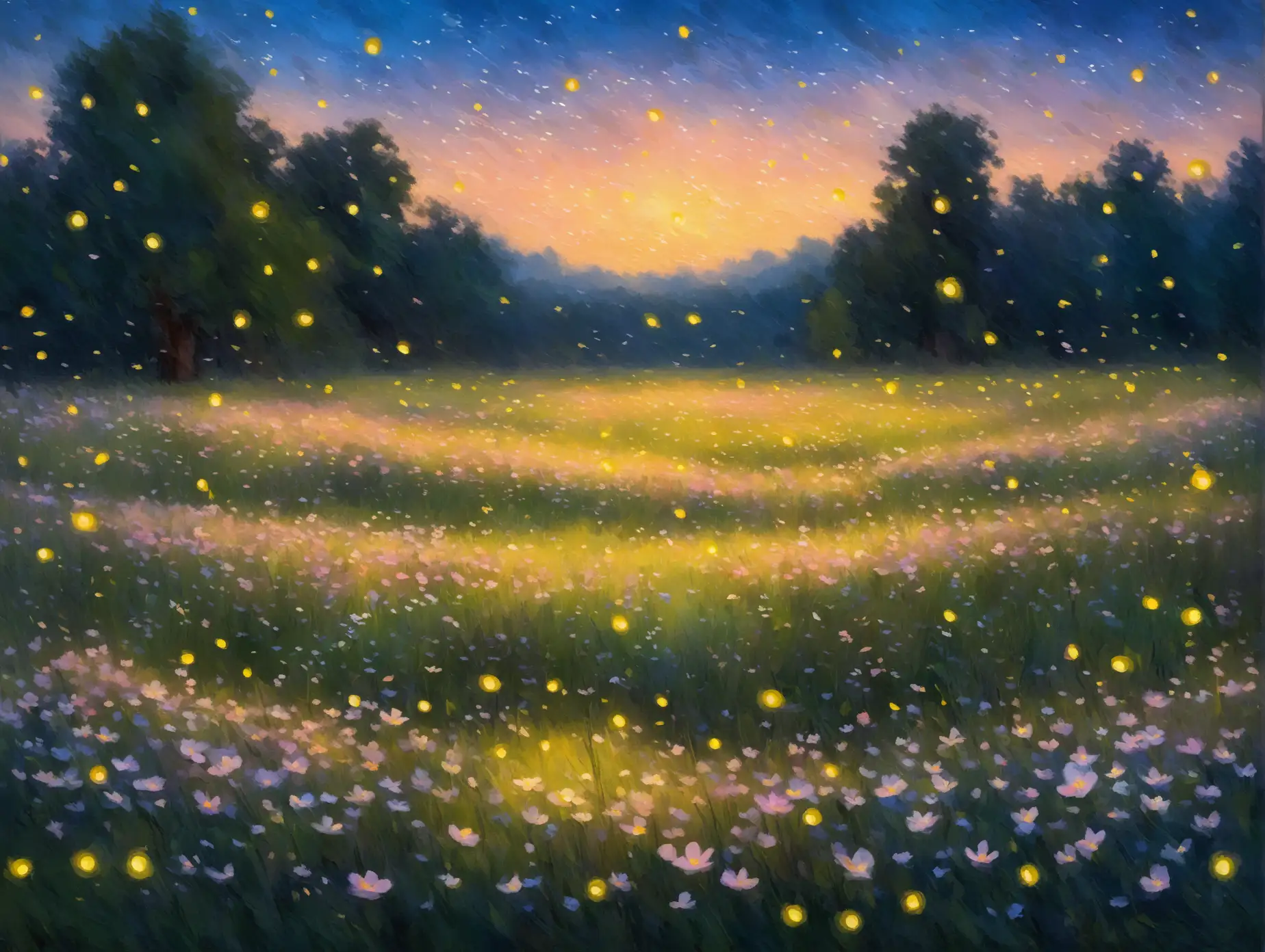 A meadow filled with four-o'clock flower blossoms at late dusk with a few fireflies flying around. In style of impressionist oil painting.