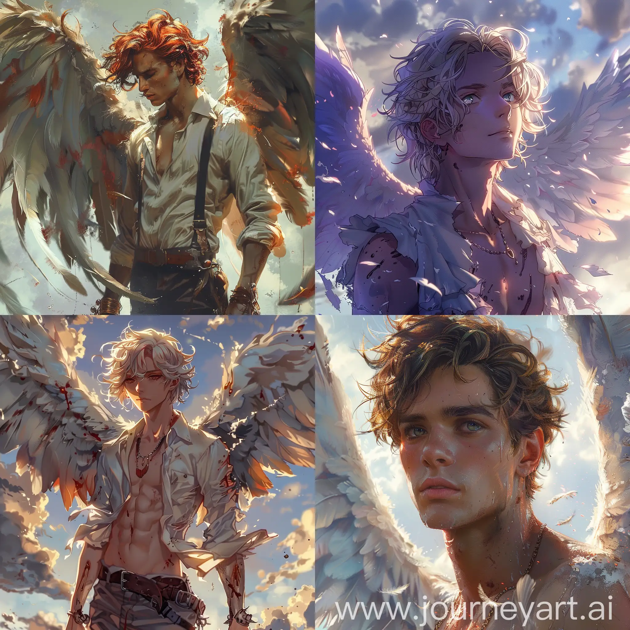 Anime::1.3 male angel with large tattered white wings, standing in front of a sky background with gray and purple hues, the angel has short copper hair and mint eyes and is shirtless and his chest is scarred, the wings are spread out and there are red paint drips trailing from them, --s 500