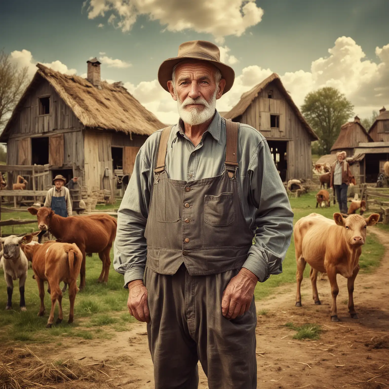vintage old man farmer with with farm buildings and animals in the background