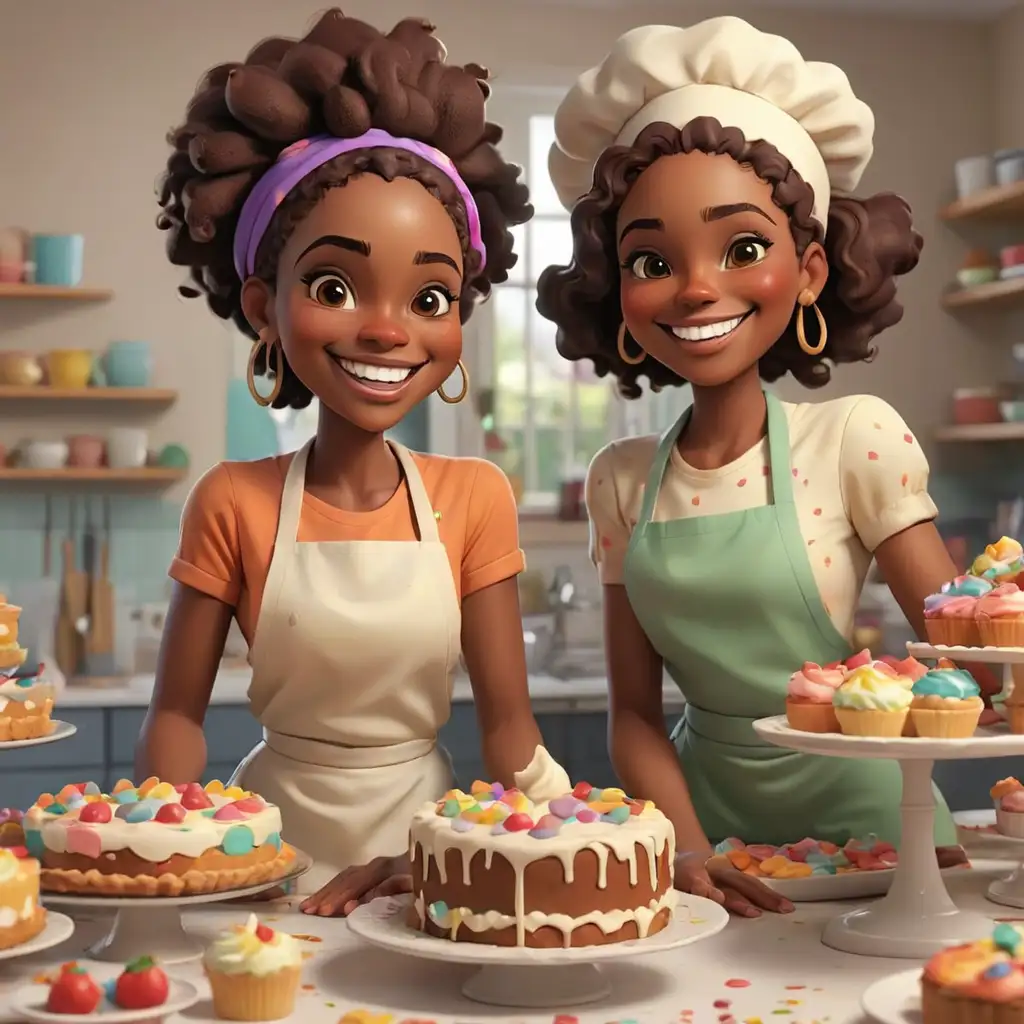 defined 3D Cartoon-style African American women baking colorful cakes and pies smiling