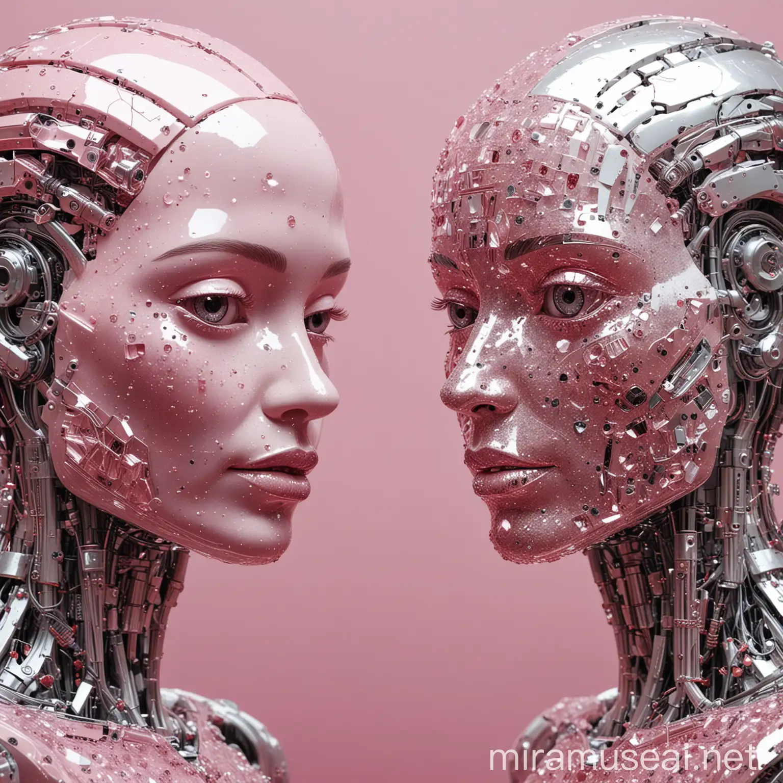 два лица справа и слева, они похожи на человеческие, но они глянцевые и как будто это роботы очень похожие на человека, так же виднеется  их шея и часть туловища, до торса, которые сделаны из кристаллов, все это на фоне серебряно-розовой  абстракции 