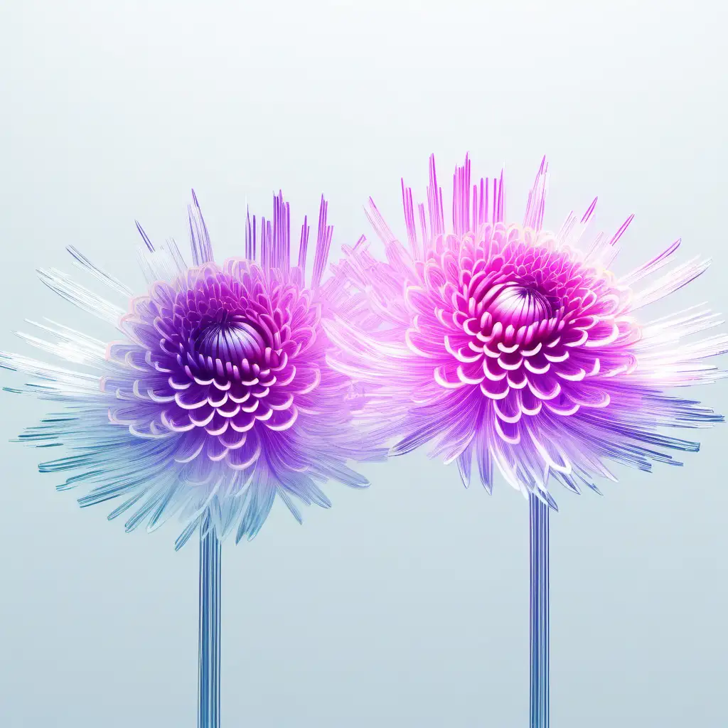 two abstract flowy glitched full chrysanthemum flower on white background, datamoshed hologram