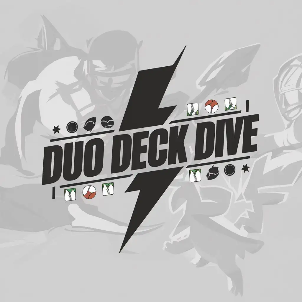 a logo design,with the text "Duo Deck Dive", main symbol:Lightningbolt,sportscards,baseball,basketball,football,pokemon,Moderate,be used in Entertainment industry,clear background