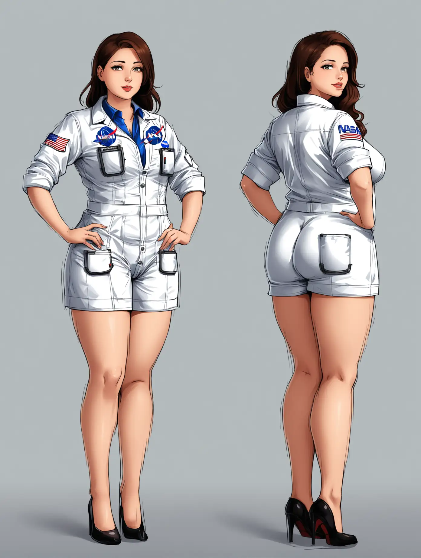 Sensual picture of a hot girl, age 25, busty, big ass, NASA scientist outfit, 2 poses, full body