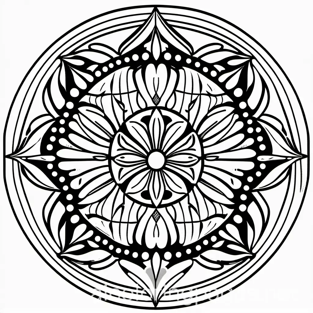 mandala, Coloring Page, black and white, line art, white background, Simplicity, Ample White Space. The background of the coloring page is plain white to make it easy for young children to color within the lines. The outlines of all the subjects are easy to distinguish, making it simple for kids to color without too much difficulty