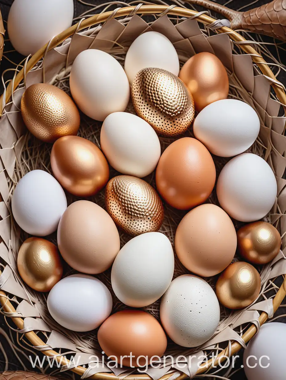 В центре кадра находится корзина с куриными и страусиными яйцами, некоторые из них золотые