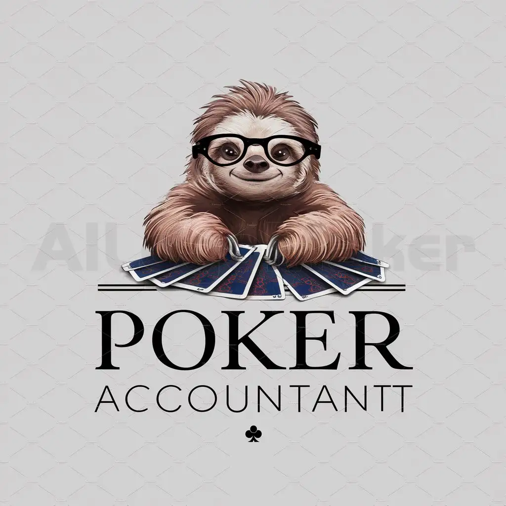 a logo design,with the text "poker accountant", main symbol:sloth with glasses on holding poker cards,Moderate,clear background