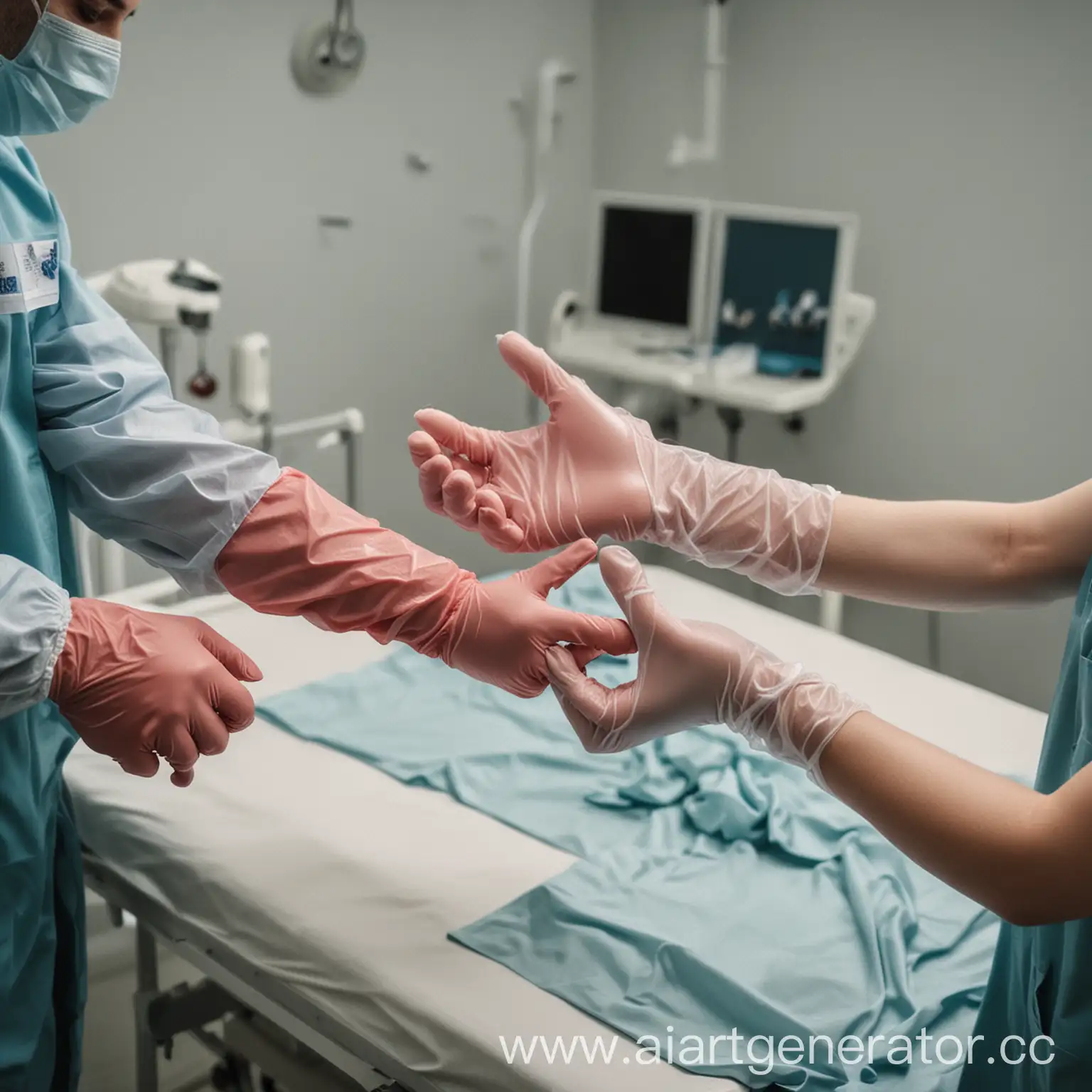 Охрана труда в больнице, врач надевает перчатки перед операцией с помощью ассистента 