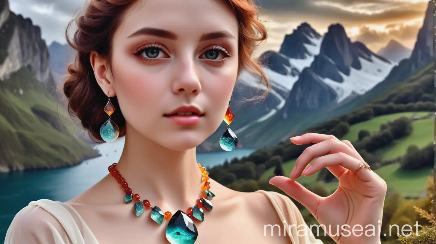 Elegant Woman Adorned with Resin Jewelry Against Picturesque Backdrop