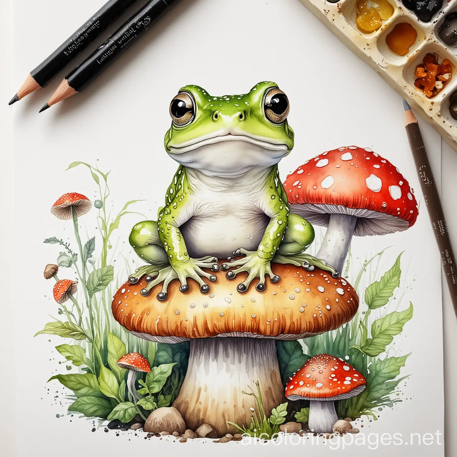 Cute Frog on Mushroom Watercolor Illustration, Coloring Page, black and white, line art, white background, Simplicity, Ample White Space. The background of the coloring page is plain white to make it easy for young children to color within the lines. The outlines of all the subjects are easy to distinguish, making it simple for kids to color without too much difficulty