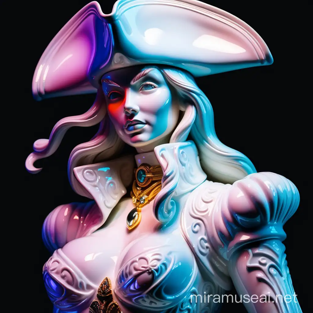 Produce a white shiny iridescent neon colored porcelain figure of a beautiful curvy feminine woman
Strong expression dynamic
Pirate
portrait
Black background