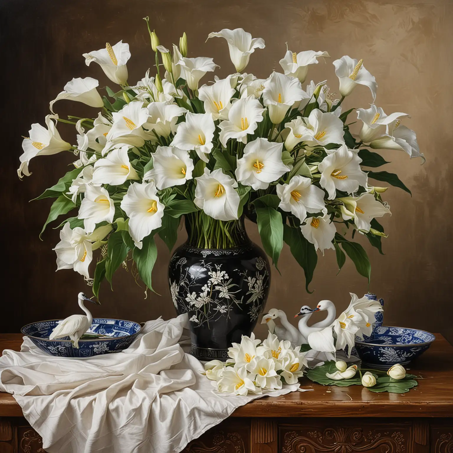 A STILL LIFE PAINTING, WITH A BLACK ORIENTAL VASE, DECORATED WITH WHITE CRANES BIRDS,  AND WATER LILIES, VASE CONYAINING  VERY LARGE  WHITE CALLA  LILIES .  SHOW A FOLDED NAPKIN OR CLOTH ON THE  TABLE 