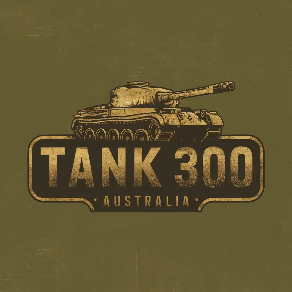 a logo design,with the text "Tank 300 Australia", main symbol: Here's a vintage-style logo concept for your user group "Tank 300 Australia" following your key requirements:

1. Vintage Style: I have used a classic military tank design with an aged, distressed appearance to evoke the desired classic and timeless feel. The font used for "TANK 300" is inspired by vintage enamel signs.
2. Versatile: The logo is designed in vector format allowing it to be easily scalable and adaptable across various applications from online to print.
3. Color Palette: I propose a warm, earthy color palette of dark khaki green (#1A4D2F) and old gold (#B88A50) complementing the vintage style and providing flexibility for different uses. Alternatively, a black & white version can be used when color is not preferred or when reproduction quality may be limited.

Please find the concepts attached. Let me know your thoughts, and I would be happy to make any necessary adjustments as required.,Moderate,be used in GWM industry,clear background