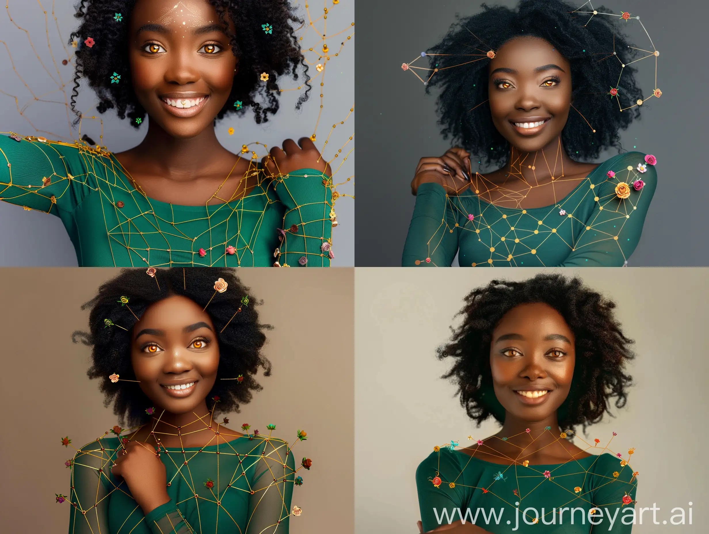 Very Cute smiling 23 year old black African girl with almond shaped large amber eyes and assorted colorful tiny flowers and roses growing in her waist length natural blow dried 4c hair, she is wearing a figure hugging emerald green top and her arms are folded infront  of her there are thin golden veins climbing up her arms in a geometric pattern from the fingers and stopping just above the elbows 