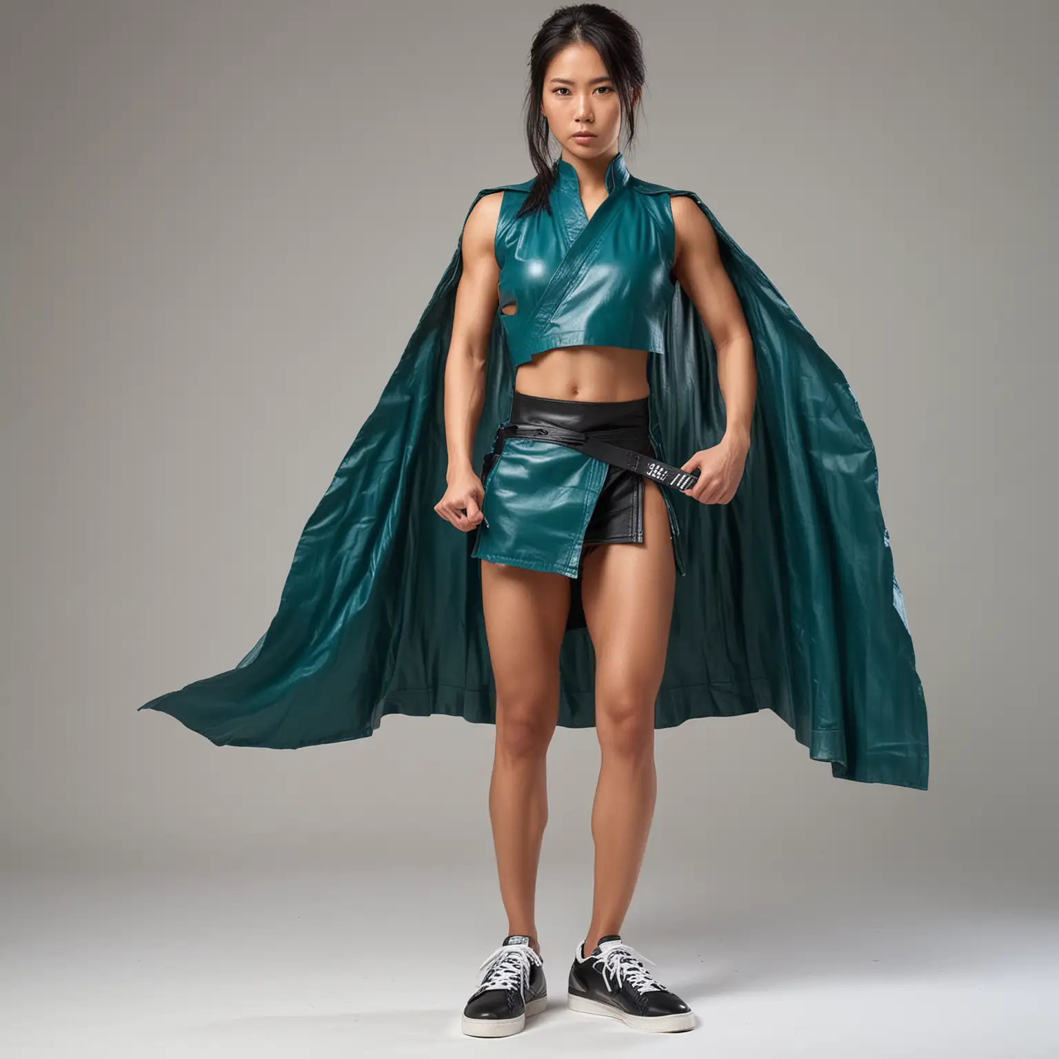 Strong Muscular Japanese Woman in Teal Leather Karate Gi and Cape on White Background