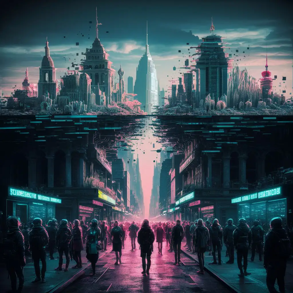 A glitching cityscape with buildings dissolving into pixels, representing the digital age.