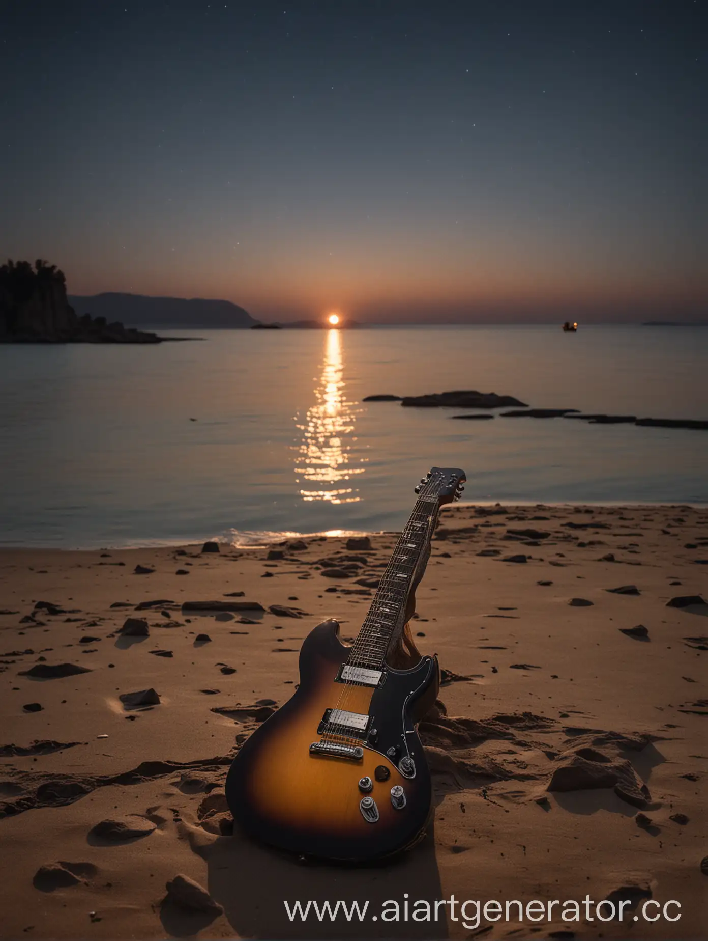 на песке лежит электрогитара рядом одинокий силуэт длинноволосого рок музыканта без гитары стоящего лицом к озеру спиной к нам на ночном пляже после концерта