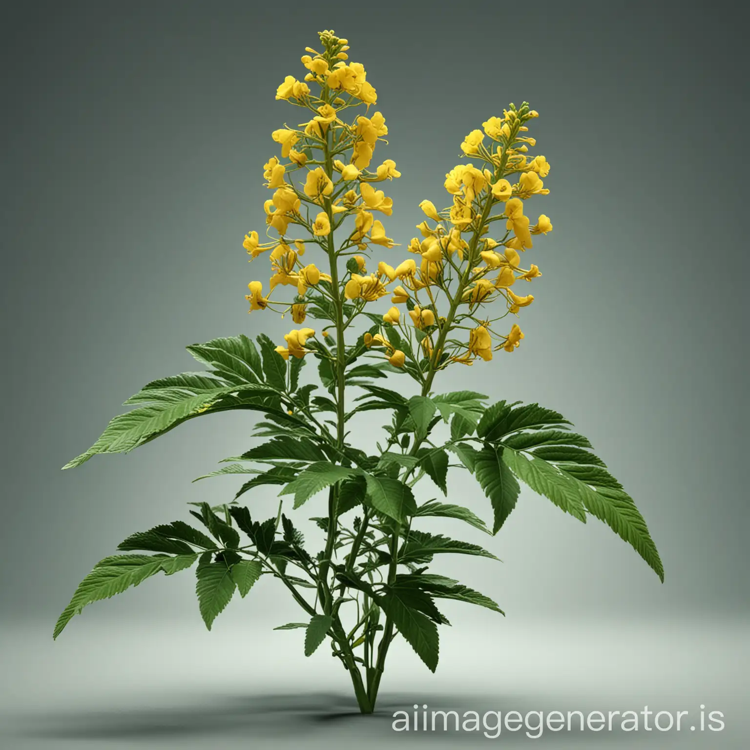 Creating a super high-resolution 3D image of a Senna plant can illustrate its role in stimulating the digestive system, leaving you feeling lighter and more energized. The design should be extreme, dynamic, attention-grabbing, and exotic.