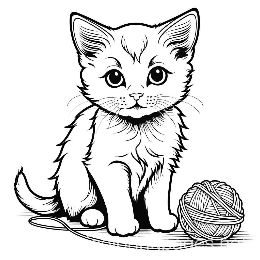 The illustration should be in [SUPER SIMPLE], black and white, bold line art, clear, empty white background. [INCLUDES ONLY OUTLINES WITH NO FILLED IN BLACK AREAS], ensuring no shading, no complex images, and making it very easy to color in between the lines. A playful kitten with a ball of yarn., Coloring Page, black and white, line art, white background, Simplicity, Ample White Space. The background of the coloring page is plain white to make it easy for young children to color within the lines. The outlines of all the subjects are easy to distinguish, making it simple for kids to color without too much difficulty