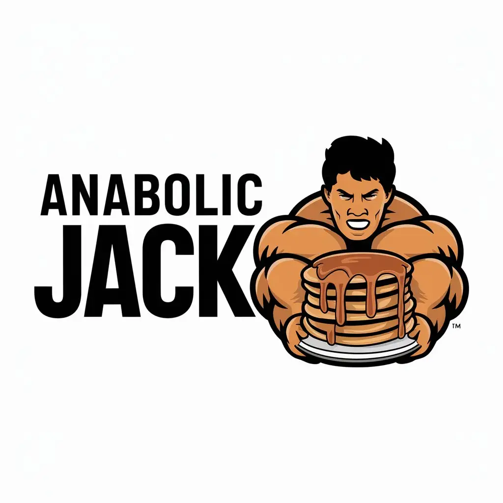 a logo design,with the text "Anabolic Jack", main symbol:Jacked Person Holding Pancakes,Moderate,be used in Sports Fitness industry,clear background