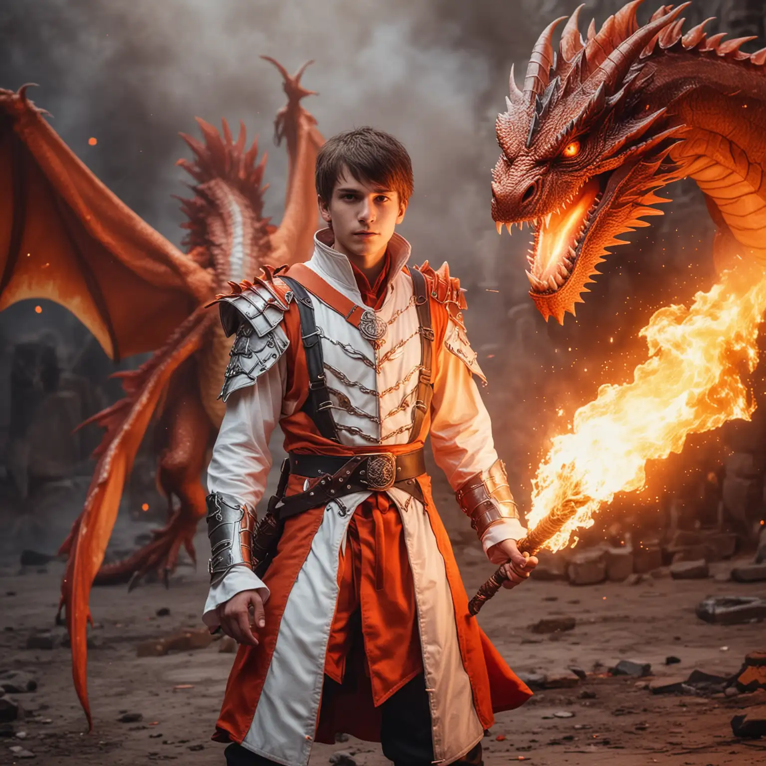 Светлый маг 19 лет парень, с красно бело оранжевым огнем вокруг себя в костюме, на фоне огненный дракон