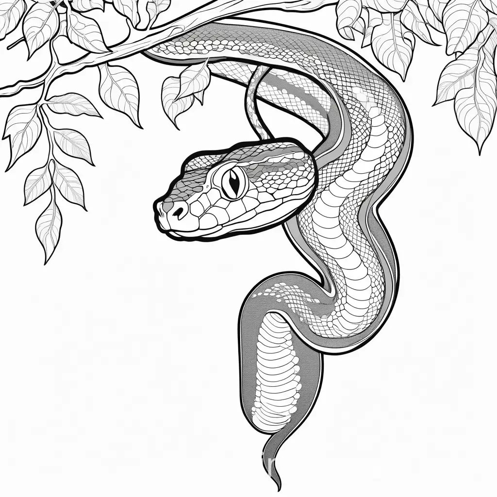 a hungry python hanging from the tree branch , Coloring Page, black and white, line art, white background, Simplicity, Ample White Space. The background of the coloring page is plain white to make it easy for young children to color within the lines. The outlines of all the subjects are easy to distinguish, making it simple for kids to color without too much difficulty