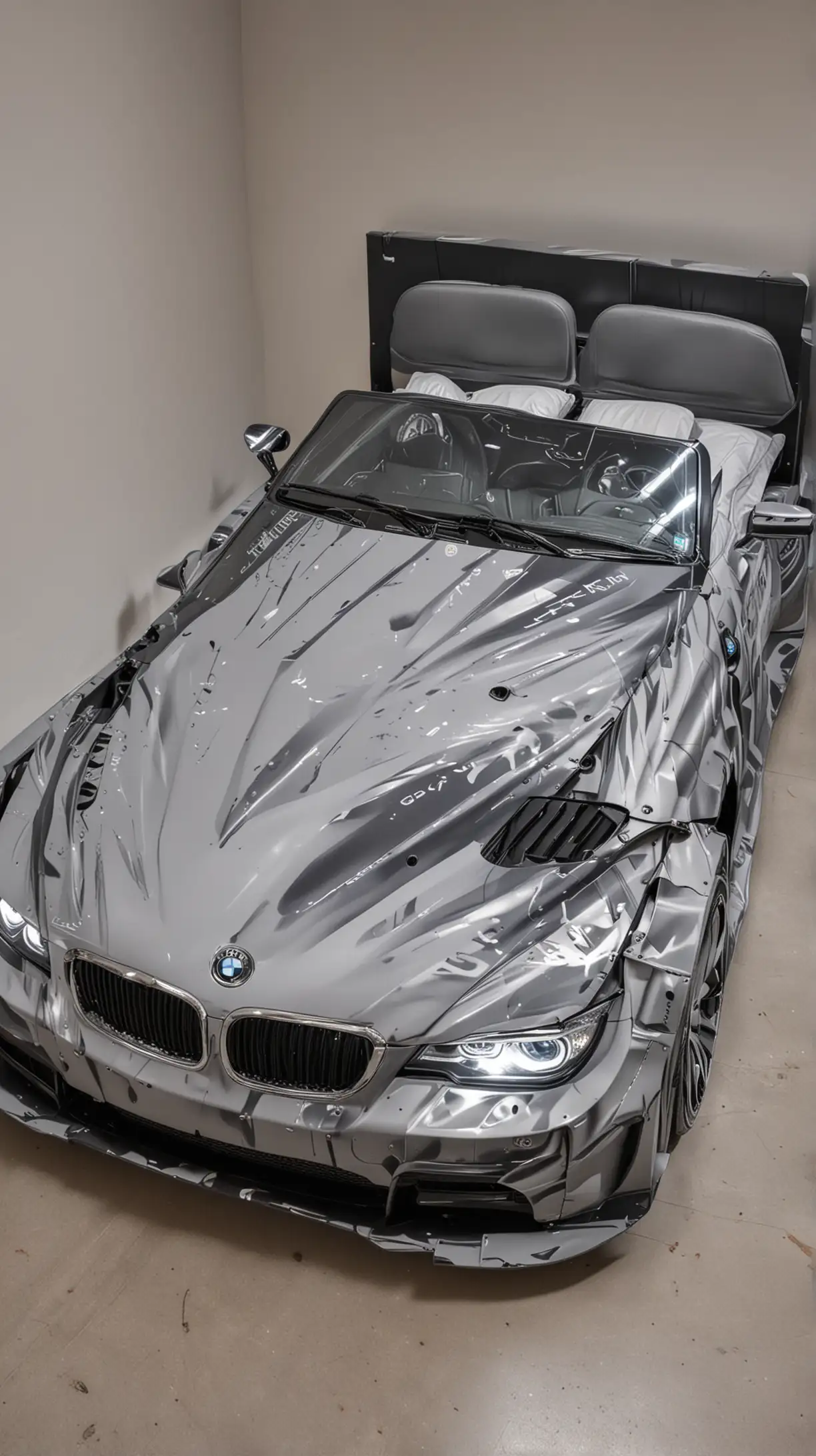Luxurious BMW CarShaped Double Bed with Graffiti Art and Illuminated Headlights