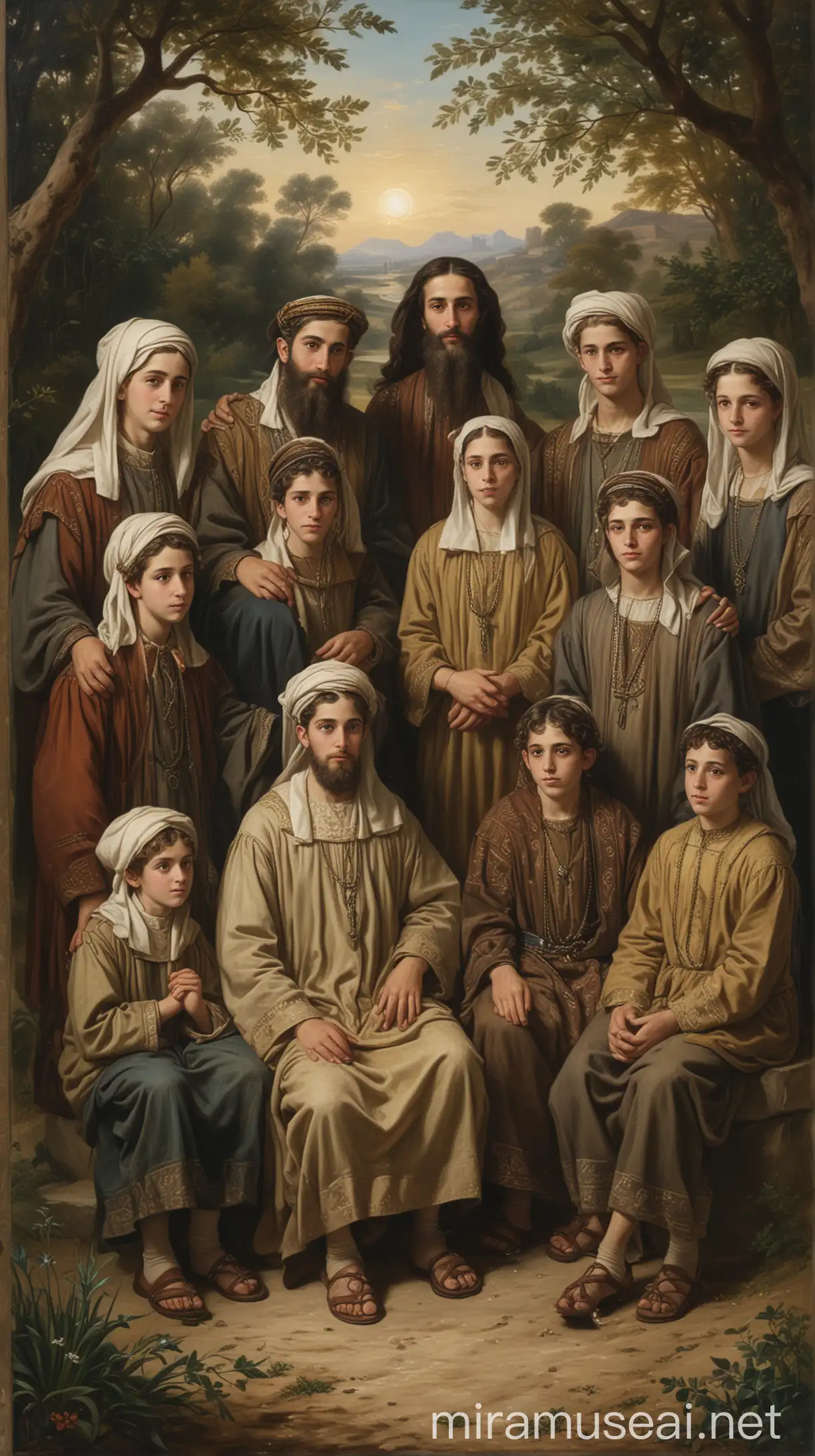 A group portrait showing Buz and his seven siblings—Huz, Kemuel, Chesed, Hazo, Pildash, Jidlaph, and Bethuel. They are depicted in a serene outdoor environment, reflective of an ancient Hebrew family."in ancient world 