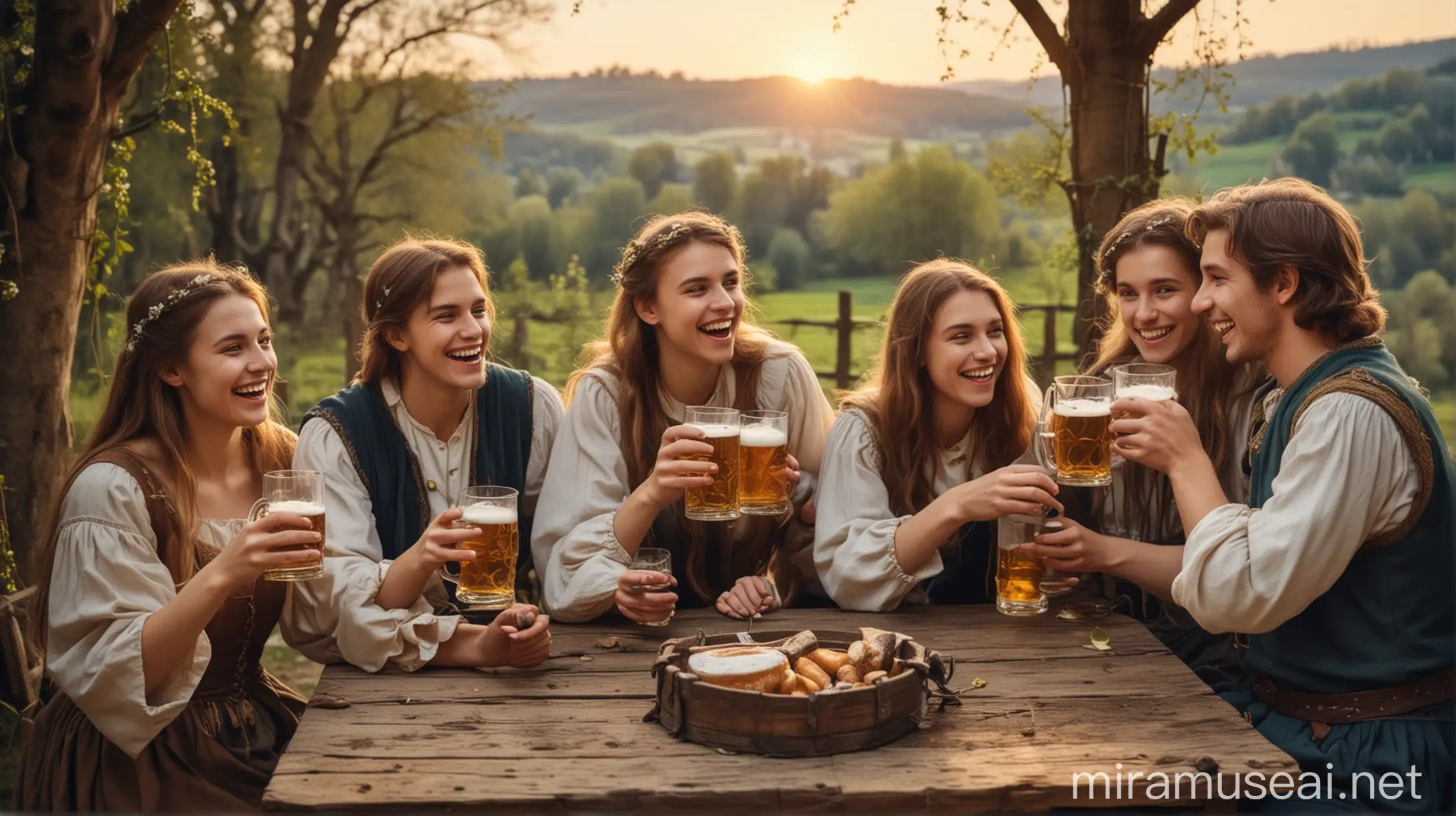 Medieval Evening Gathering Joyful Young Adults Enjoying Beer in Spring Landscape