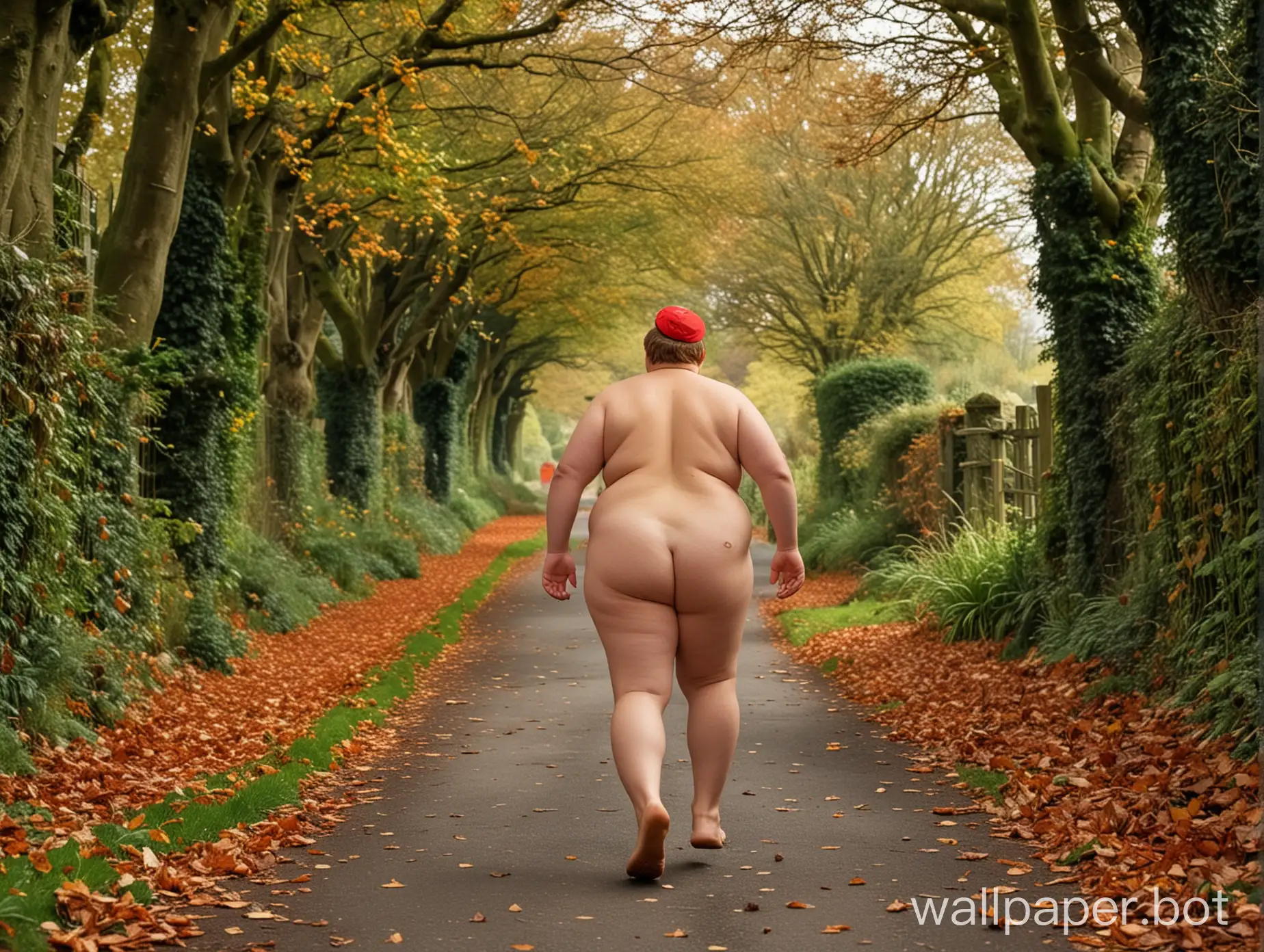 A naked chubby jogger, seen from behind, as he runs down a picturesque English lane. The lane is lined with vibrant, lush green trees, and the ground is covered with a beautiful blanket of autumn leaves. The jogger is totally naked except for a red headband.