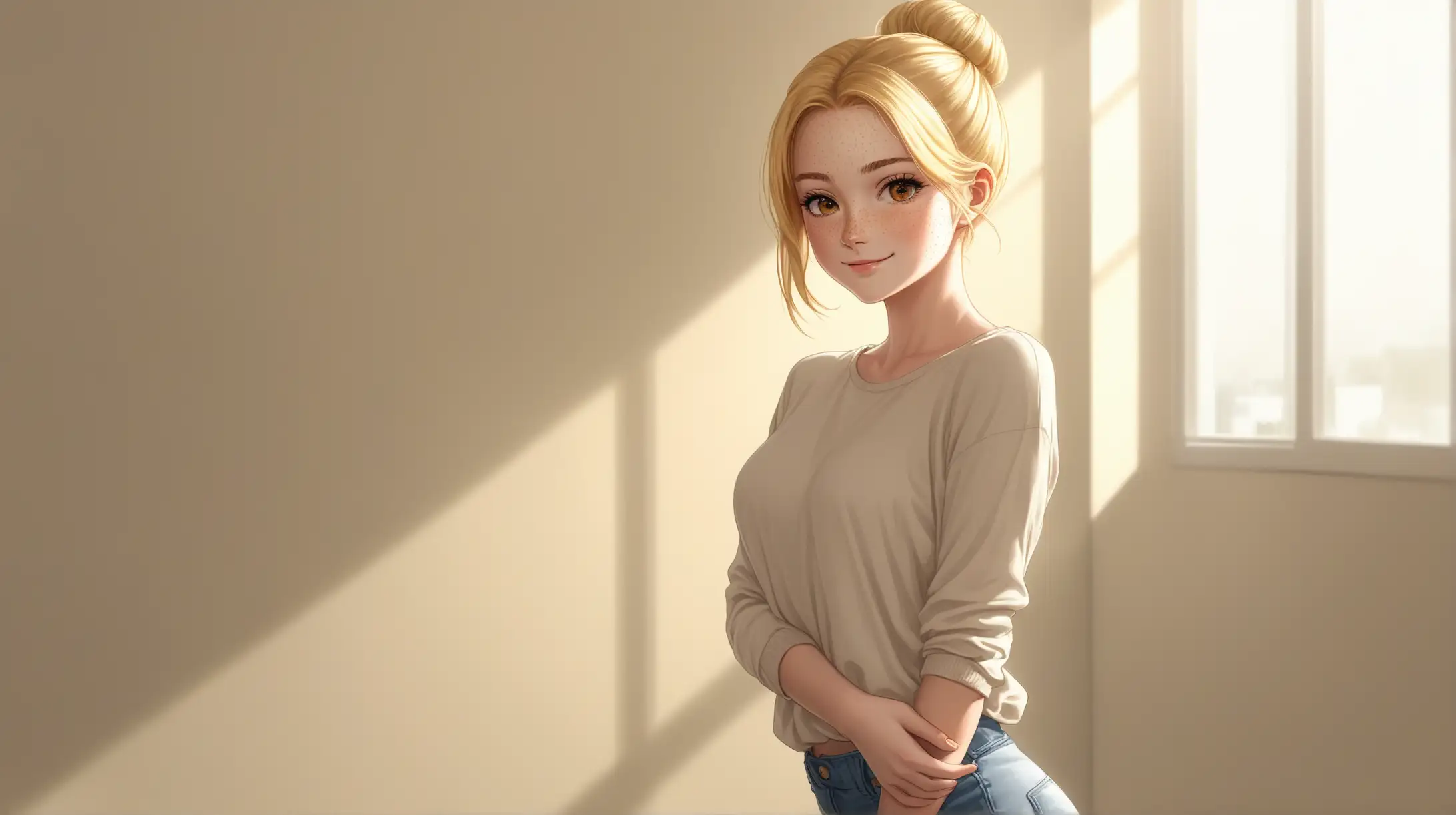 Draw a young woman, long blonde hair in a bun, gold eyes, freckles, perky figure,
casual outfit, high quality, long shot, indoors, seductive pose, natural lighting, smiling