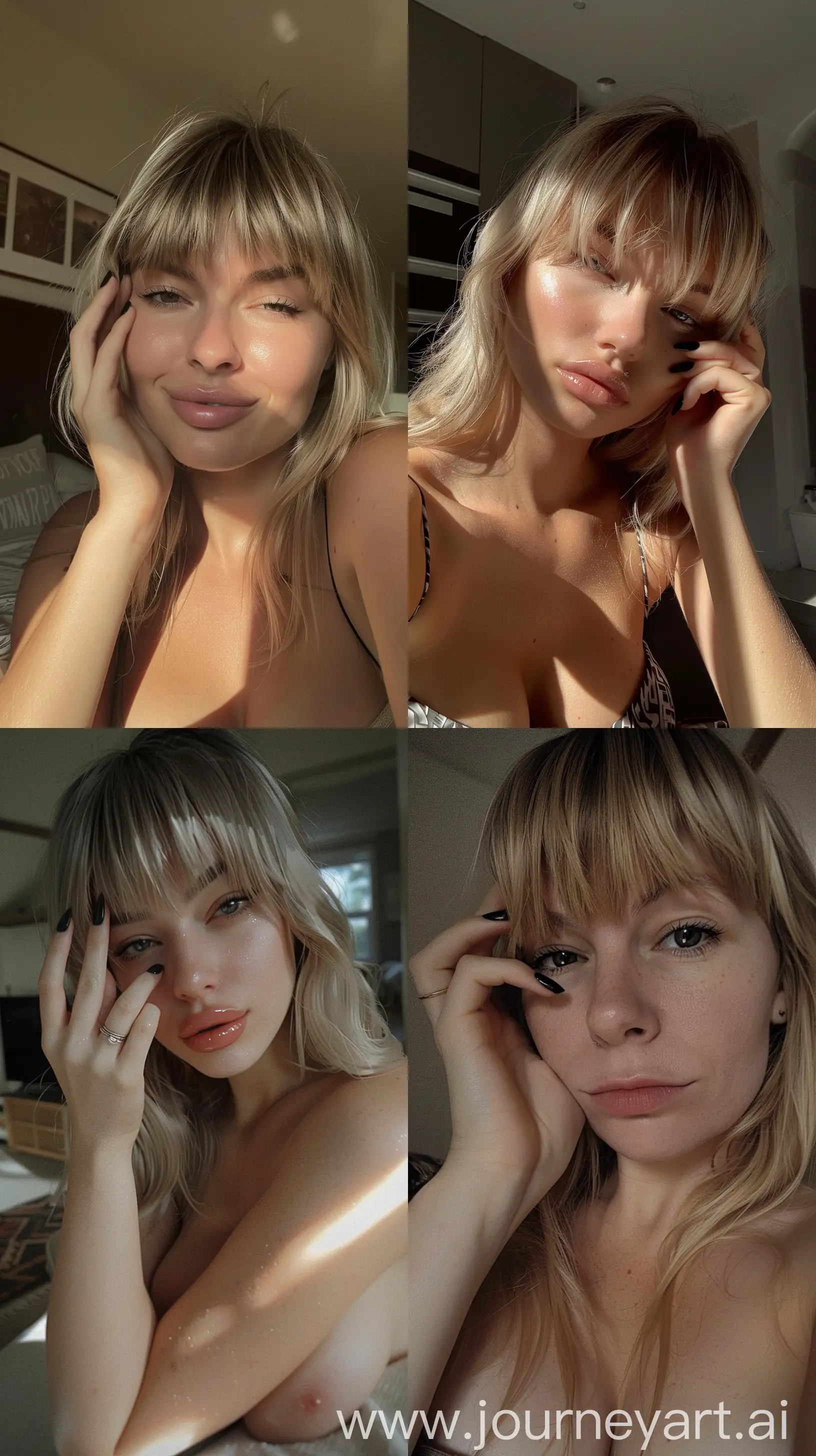 Aesthetic Instagram selfie of a woman in apartment, British, super model, nice chest, no makeup, one hand resting on cheek, black gel nail polish, blonde, bangs, close up, wide set, profile throw face away in room, realistic lighting and shadows --ar 9:16