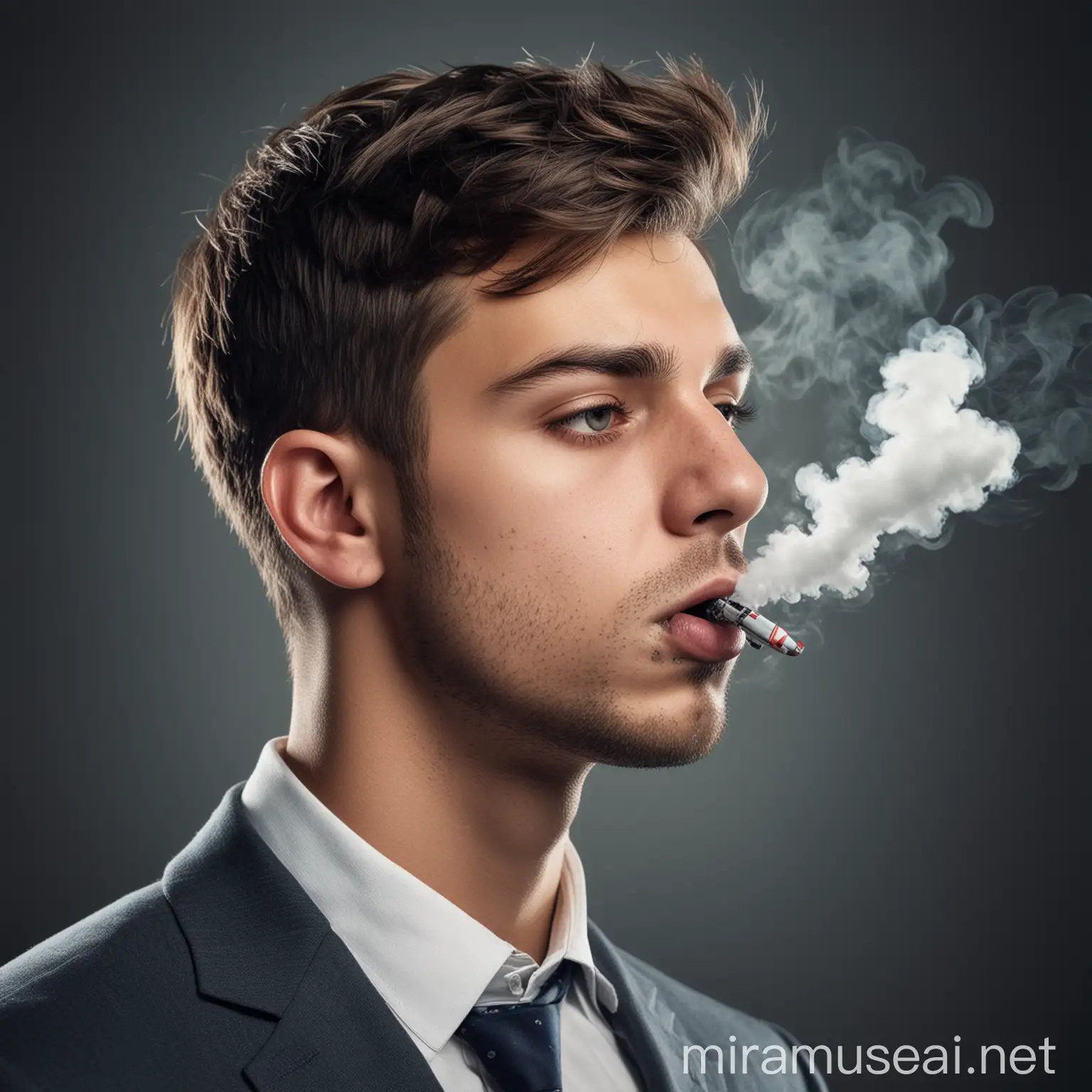 Charming Man Enjoying Airplaneshaped Smoke Head in HighResolution Realistic Portrait