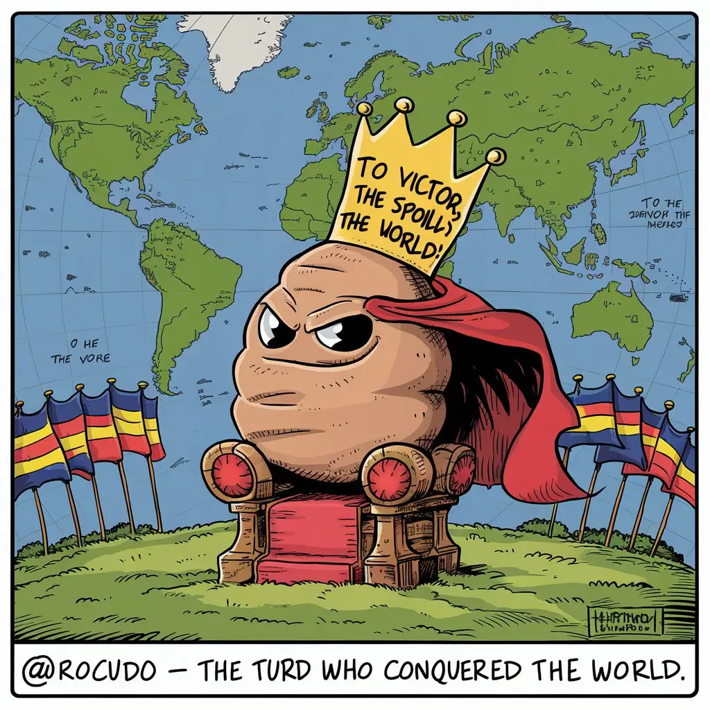 Draw a cartoon turd that peacefully conquers the world and caption @rocudo