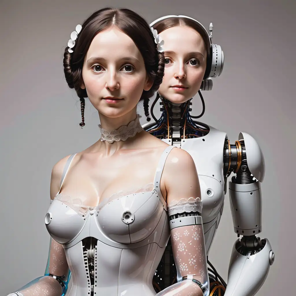 a sculpture of Ada Lovelace, with her left half naked and her right half as robot